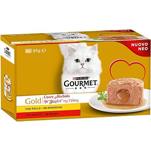 Gourmet Gold Purina Húmedo Gato corazón Suave con Ternera, Pollo - 48 latas de 85 g Cada una (12 Paquetes de 4 x 85 g)