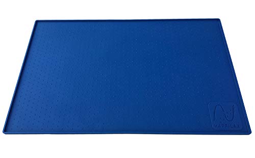 Happilax Alfombrilla de Silicona Premium para comederos de Perros y Gatos, con Borde Extra Alto y Superficie Antideslizante, Azul, L, 60 x 40 cm