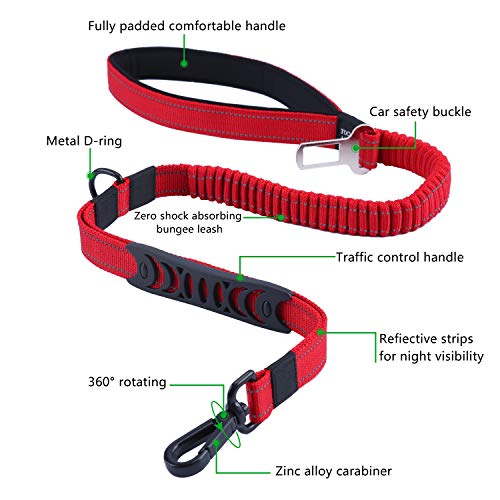 HAPPY HACHI Correas de Adiestramiento para Perros Nylon Correa Reflectantes Elástica para Perros Medianos Grandes con 2 Manijas Blandas Cinturón de Seguridad para Perros (Longitud 110-150 cm, Rojo)