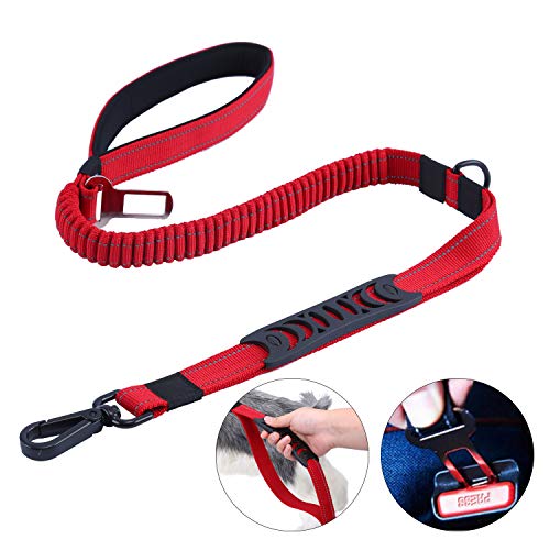 HAPPY HACHI Correas de Adiestramiento para Perros Nylon Correa Reflectantes Elástica para Perros Medianos Grandes con 2 Manijas Blandas Cinturón de Seguridad para Perros (Longitud 110-150 cm, Rojo)