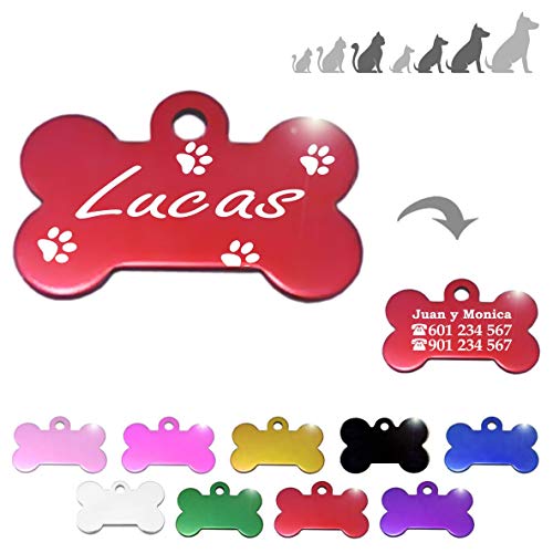 Iberiagifts - Hueso para Mascotas Medianas-Grandes con Patas Placa Chapa de identificación Personalizada para Collar Perro Gato Mascota grabada (Rojo)