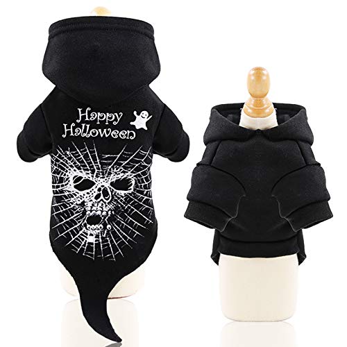 Idepet Abrigo de perro con capucha para mascotas de Halloween, Cráneo negro Cachorro Perro Gatos Ropa Trajes Ropa de invierno Chihuahua Vestirse Fiesta