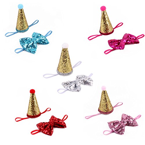 Juego de gorro de cono y pajarita de lentejuelas para perro, mini perrito o gato, decoración de fiesta de cumpleaños, accesorio para el pelo, diadema para mascotas + lazo (rosa)