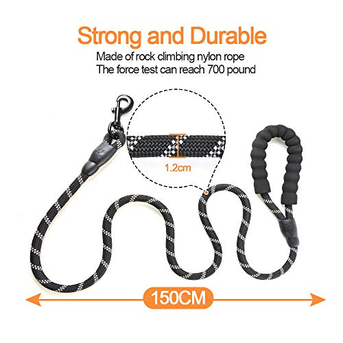 Litthing Correas para Perros Nylon con Mango Acolchado Ajustable Negro Sólido Reflectante 150 cm para Perros Grandes o Medianos Adecuado para Correr Senderismo Correr (Negro A+)