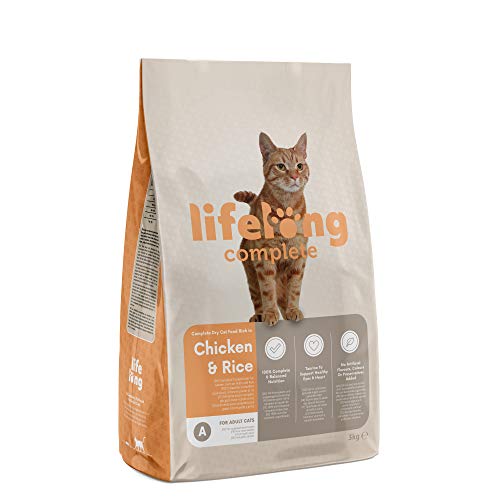 Marca Amazon - Lifelong Complete- Alimento seco completo para gatos adultos rico en pollo y arroz, 1 x 3 kg