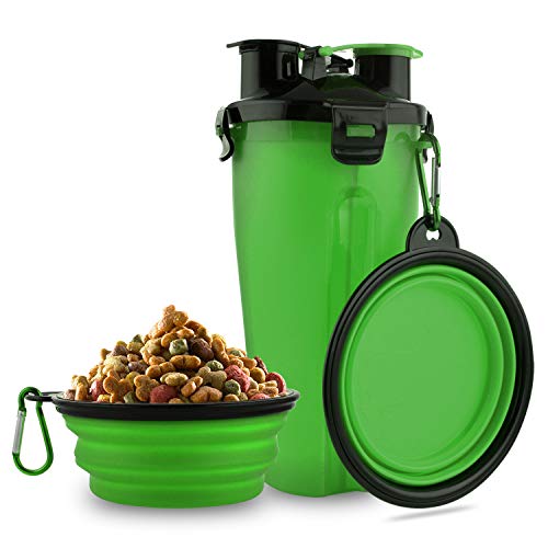 MATT SAGA Botella de Agua para Perros Portatil Envase de Comida para Perros con 2 Plegable Tazones para Perros Gatos Mascotas Adecuado para al Aire Libre Caminar Viajar (Verde)