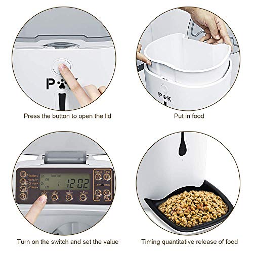 PUTTY KITTY 6.5-7L Comedero Automático de Gran Capacidad para Perro y Gato, 10s Grabación de Voz, Dispensador Inteligente de 4 Comidas, Lo Mejor para Viajes de Vacaciones Blanco (Manual de España)