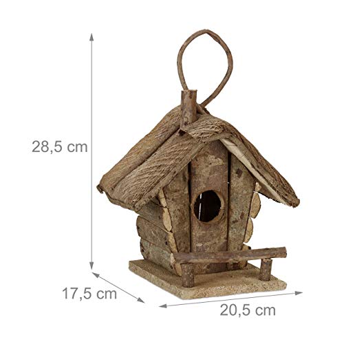 Relaxdays Casa para pájaros para Colgar, Madera Natural, Decoración de Exterior, Nido, 28,5x20,5x17,5 cm,1 Ud, Marrón