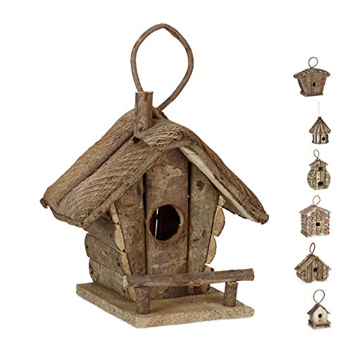 Relaxdays Casa para pájaros para Colgar, Madera Natural, Decoración de Exterior, Nido, 28,5x20,5x17,5 cm,1 Ud, Marrón