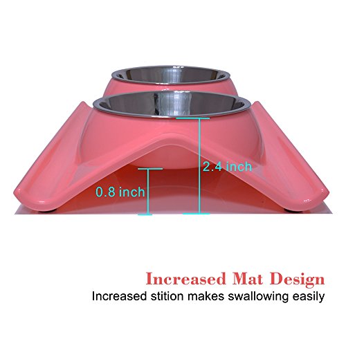 ShareWe Cuencos Doble para Perro Gato Animal Mascotas Cuencos Alimento Agua Platos de Acero Inoxidable con Diseño Antideslizante y Antiderrames (Rosa)
