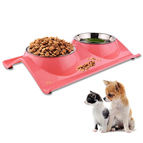 ShareWe Cuencos Doble para Perro Gato Animal Mascotas Cuencos Alimento Agua Platos de Acero Inoxidable con Diseño Antideslizante y Antiderrames (Rosa)