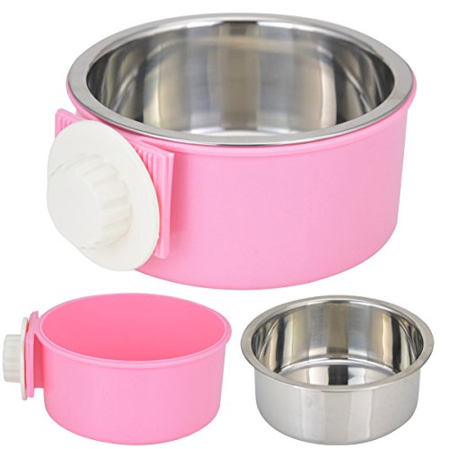 ShareWe Cuencos para Perro Gato Animal Mascotas Acero Inoxidable Platos 2 en 1 Colgando Cuenco Comedero para Gatos Perros Conejos Pequeño Animal Comida y Agua (Rosa)