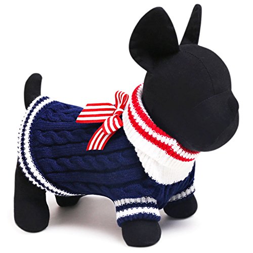 SMALLLEE_LUCKY_STORE Suéter Jersey Invierno de Punto de Cuello Alto con Lazo Sudadera Ropa de Abrigo para Gato, Perro Pequeño,Gatito,Perrito Azul Marino XS