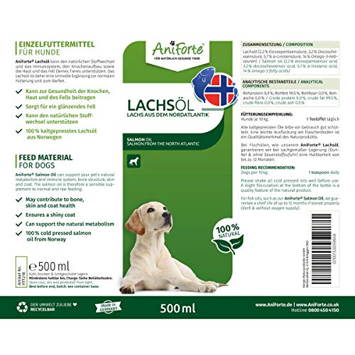 Aceite de salmón AniForte Premium para perros y gatos 500 ml - Prensado en frío con ácidos grasos Omega 3 y Omega 6, Aceite de pescado para cachorros, Adulto, Senior, Envase reciclable sin BPA