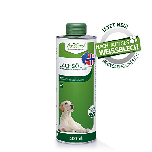 Aceite de salmón AniForte Premium para perros y gatos 500 ml - Prensado en frío con ácidos grasos Omega 3 y Omega 6, Aceite de pescado para cachorros, Adulto, Senior, Envase reciclable sin BPA