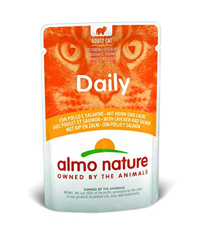 Almo Nature - Comida Diaria para Gatos con Pollo y salmón, 70 g, 30 Unidades