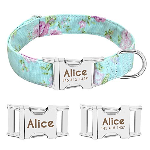 Beirui Collar Perro Personalizado con Hebilla de liberación rápida – Collares para Perros Personalizados con Patrones Florales – Mint Green Floral Collar y Correa Perro - S(10-15.5"Cuello)