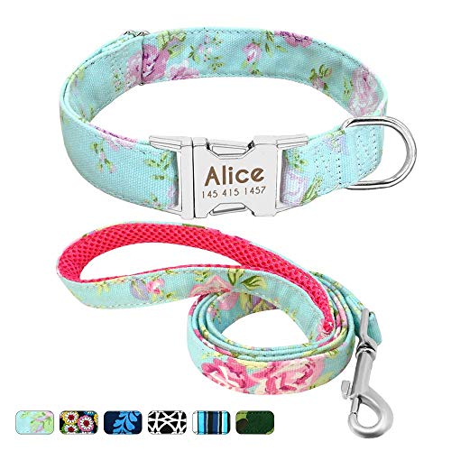 Beirui Collar Perro Personalizado con Hebilla de liberación rápida – Collares para Perros Personalizados con Patrones Florales – Mint Green Floral Collar y Correa Perro - S(10-15.5"Cuello)