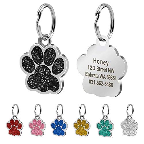 Beirui Placas de identificación Huellas Personalizadas en Acero Inoxidable de 24 mm para Perros y Gatos, con Grabado láser, Negro, S (0.9" diámetro)