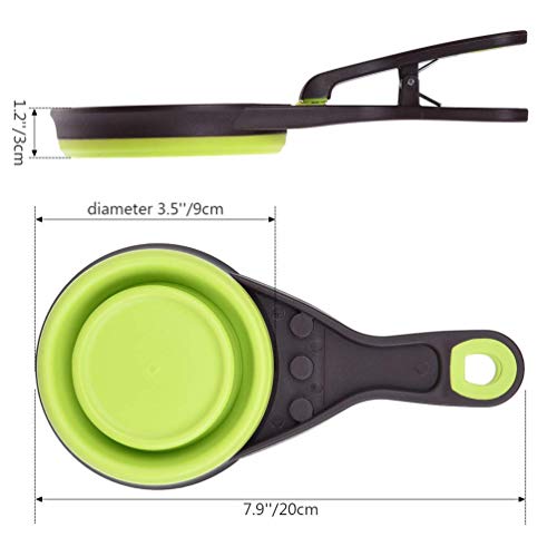 Cuchara 3 en 1 para alimentos, 237 ml Plegable Clip de cuchara medidora de alimentos para mascotas Alimentación de almacenamiento y riego Suministros para el hogar al aire libre, verde 1 taza / 8 oz