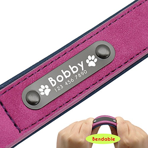 Didog - Collar de piel suave acolchada personalizable para perro, chapa de nombre, anilla en D, collar grabado para perro, tamaños pequeño, mediano y grande