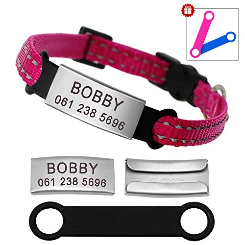 Didog - Collar para gatos con placa de acero inoxidable personalizable, reflectante, sin ruido, deslizable, para gatos y perros pequeños