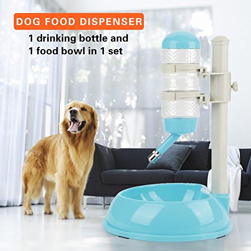 Fdit Dispensador de Agua Potable 500ml Cuenco de Alimentos con Botella de Agua para Mascotas Dispensador Grande Ajustable Automáticamente de Altura para Gato Perro Socialme-EU(Azul)