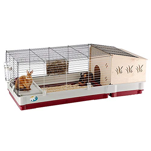 Ferplast Jaula para Conejos y Conejillos de Indias KROLIK 140 Plus, para pequeños Animales, Conejera, Casita de Madera Separable, Accesorios incluidos, 142 x 60 x h 50 cm Burdeos