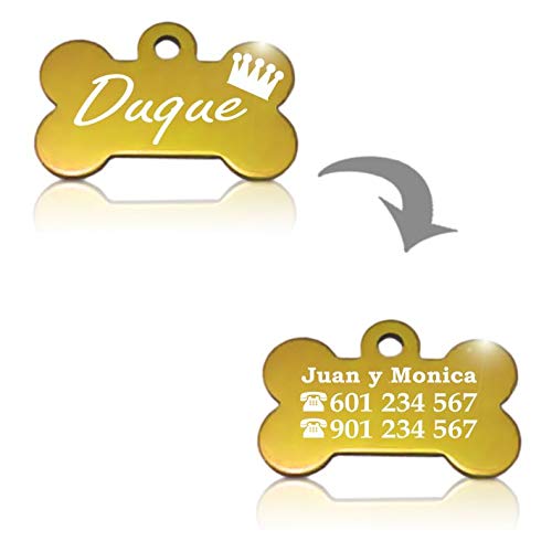 Iberiagifts - Hueso para Mascotas Medianas-Grandes con Corona Placa Chapa de identificación Personalizada para Collar Perro Gato Mascota grabada (Dorado)