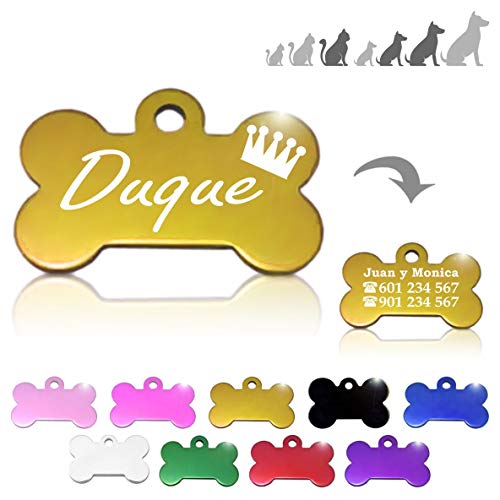 Iberiagifts - Hueso para Mascotas Medianas-Grandes con Corona Placa Chapa de identificación Personalizada para Collar Perro Gato Mascota grabada (Dorado)