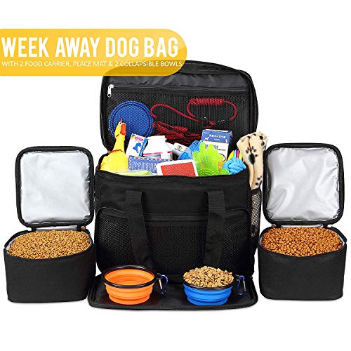 KOPEKS Bolsa de Viaje para Perros, Gatos, Mascotas, Bolso Térmico con Compartimientos, Comedero y Bebedero Plegables - Kit de Viaje - Negro