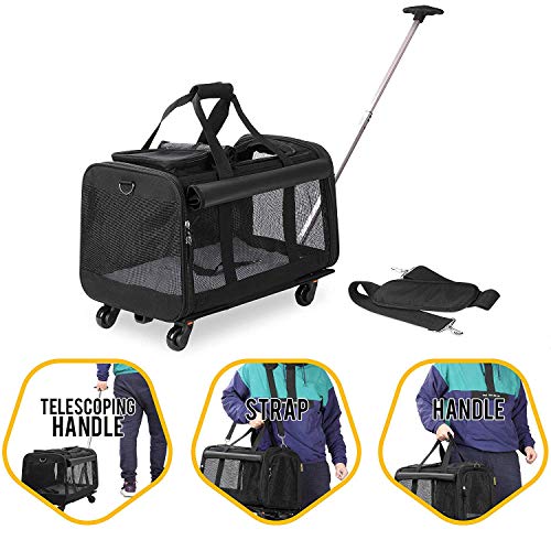 KOPEKS Transportador de Viaje para Mascotas, Bolsa con Manecilla y 4 Ruedas para Transportar Perros, Gatos, Mascotas y Accesorios - Negro