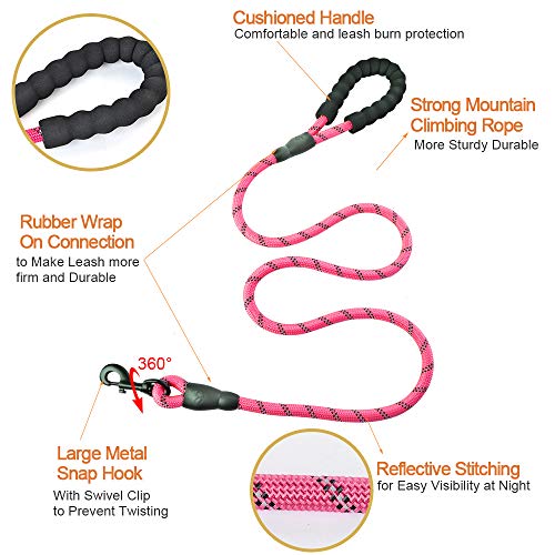 Litthing Correas para Perros Nylon con Mango Acolchado Ajustable Negro Sólido Reflectante 150 cm para Perros Grandes o Medianos Adecuado para Correr Senderismo Correr (Rosa)