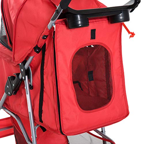 Pawhut Cochecito Plegable Mascotas 84x48x95cm Perro Gato Carrito Ruedas Giran 360º con Freno Rojo