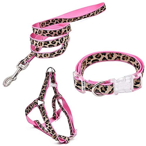 PAWZ Road Collar y Arnés de Pecho Entrenamiento de Mascotas Correas Perros Cuerda Estampado Leopardo 3 Set para Correr Pasear Rosa S