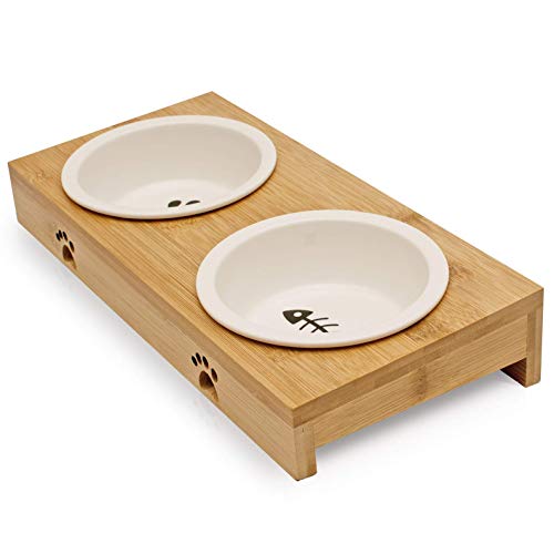 Pfotenolymp® Comedero para gatos hecho de Bambú / Madera - 2 Tazones para su gato - Juego de Tazones hechos de cerámica en blanco, grande para el agua y la comida - Plato de alimentación elevado