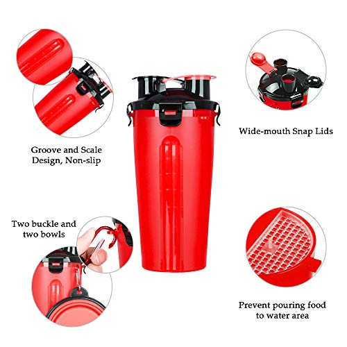 Powerking Botella de Agua para Perro, 350ml 2 en 1 PP para Mascotas, y Botella para Perro con 250 g Contenedor de alimento para Mascotas para Caminar/Viajar, tazones Plegables para Perros(Rojo)