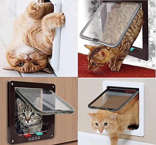 Pujuas - Puerta para Gato con Cierre magnético de 4 vías, Puerta para Mascotas para Gatos y Perros pequeños, Puerta para Gatos con túnel (L, Marrón)