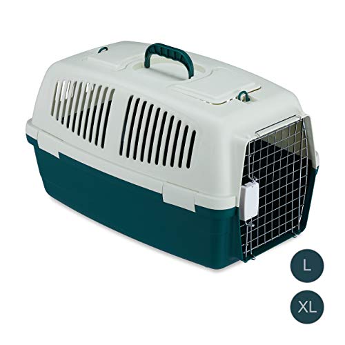 Relaxdays Transportín Perro, Gato o Conejo para Coche o Avión, Polipropileno-Metal, Blanco-Verde, 36x38x60 cm, XXL