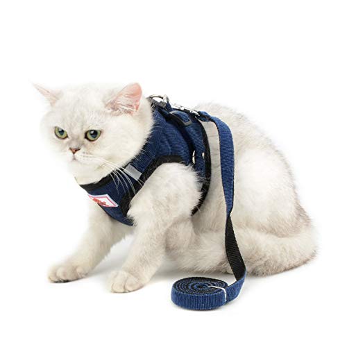 SELMAI Arnés de Malla para Gatos Perros Pequeños No Tirar No Estrangular A Prueba de Escape Chaleco Arnés para Cachorro Correa Ajustable para Gatito Caminando Suave Material de Pana,Azul,M