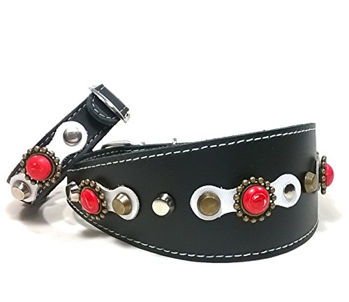 Set Collar Ancho para Galgo, Podenco, Whippet y Teckel, con Pulsera a Juego, Correa Opcional, Exclusivo Blanco Negro con Tachas y Piedras de Coral Rojo, 40 cm Galgo: Cuello 29-34 cm, Ancho 55mm