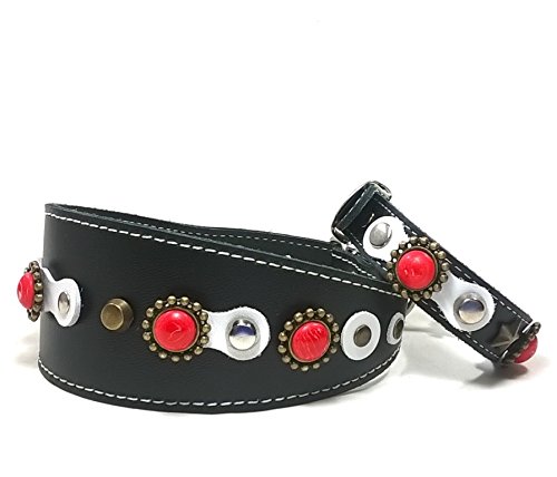 Set Collar Ancho para Galgo, Podenco, Whippet y Teckel, con Pulsera a Juego, Correa Opcional, Exclusivo Blanco Negro con Tachas y Piedras de Coral Rojo, 40 cm Galgo: Cuello 29-34 cm, Ancho 55mm