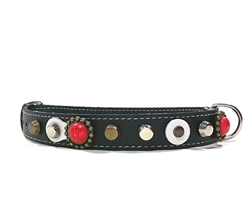 Superpipapo Original Collar para Perros, Todas Las Tallas, Correa Opcional, Exclusivo Blanco Negro con Tachas y Piedras de Coral Rojo, Mediano, 50 cm M-Wide: Cuello 35-40 cm, Ancho 28mm