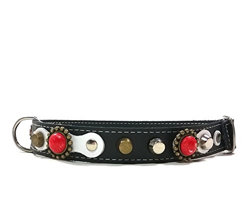 Superpipapo Original Collar para Perros, Todas Las Tallas, Correa Opcional, Exclusivo Blanco Negro con Tachas y Piedras de Coral Rojo, Mediano, 50 cm M-Wide: Cuello 35-40 cm, Ancho 28mm