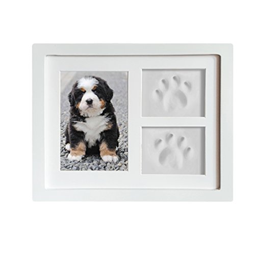 Vankee Marco para Foto Blanco, Marco Doble para Foto y Huella de Pie para Perro y Gato, Decoraciones para Pared y Mesa con Kit de Impresión de Arcilla -Blanco/Blanco