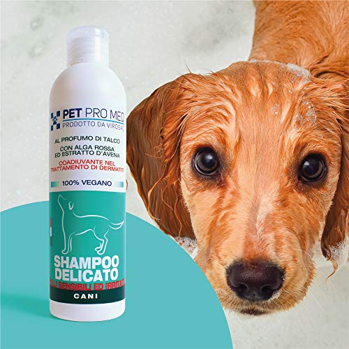 VIROSAC 140196 - Champú Suave 100% Vegano, dermosensible para Perros Pet Pro Med. Paquete de 250 ml de pH Neutro con Alga roja y extracto de Avena