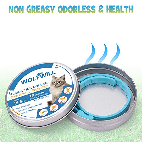 WOLFWILL Collar de Pulgas y Garrapatas para Gato,Acción Prolongada 10 Meses de Protección y Prevención contra Pulgas Garrapatas,Piojos,Talla Única para Todos,Ajustable, Impermeable