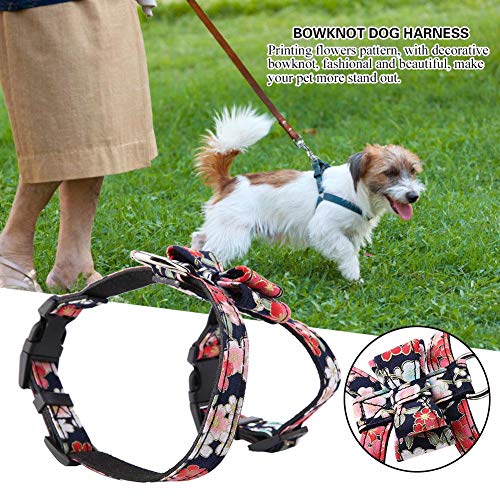 Arnés ajustable para perro, Estampado de flores con estampado de flores Bowknot Arnés para mascotas Pajarita suave Chaleco para mascotas al aire libre Correa Plomo para perros pequeños (Negro M)