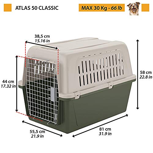 Ferplast Transportín para Perros de Talla Grande Atlas 50 Classic, con comedero, Puerta de Acero plastificado, Sistema de Cierre de Seguridad, Rejillas de ventilación, 55,5 x 81 x h 58 cm Verde