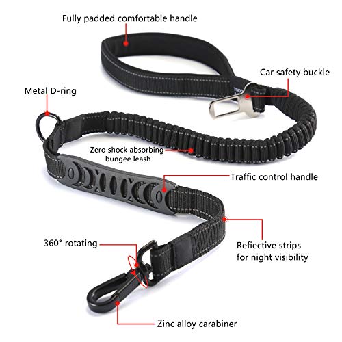 HAPPY HACHI Correas de Adiestramiento para Perros Nylon Correa Reflectantes Elástica para Perros Medianos Grandes con 2 Manijas Blandas Cinturón de Seguridad para Perros (Longitud 110-150 cm, Negro)